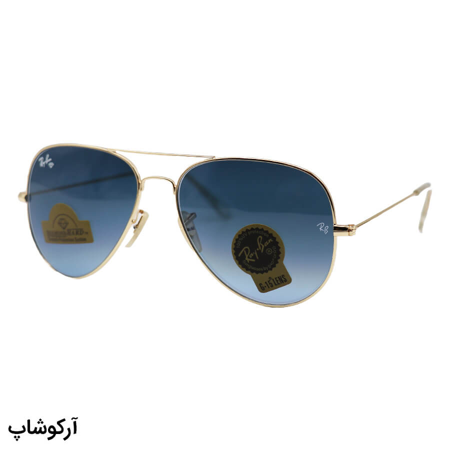 Golden-Avitator-Frame-And-Golden-Handle-And-Blue-Highlighted-Hard-Diamond-Lens-Ray-Ban-Sunglasses-Model-Rb3026-Hq-Jo-1 عکس از عینک آفتابی ray-ban با فریم خلبانی، رنگ طلایی، لنز از جنس سنگ، آبی تیره و هایلایت مدل rb3026 hq
