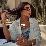 عکس از عینک آفتابی سلین (CELINE) با فریم بیضی شکل، ترند و جدید بر روی صورت مدل