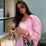عکس از عینک آفتابی سلین (CELINE) با فریم بیضی شکل، ترند و جدید بر روی صورت مدل