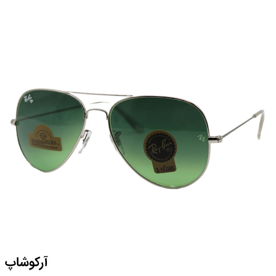 Silver-Avitator-Frame-And-Silver-Handle-And-Green-Highlighted-Hard-Diamond-Lens-Ray-Ban-Sunglasses-Model-Rb3026-Hq-Ho-1 عکس از عینک آفتابی ray-ban با فریم خلبانی، رنگ نقرهای، لنز از جنس شیشه، سبز تیره و سایه روشن مدل rb3026 hq