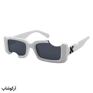 عکس از عینک آفتابی فانتزی آف وایت با فریم مستطیلی، رنگ سفید و لنز دودی تیره و طرح گاز زده مدل 22030
