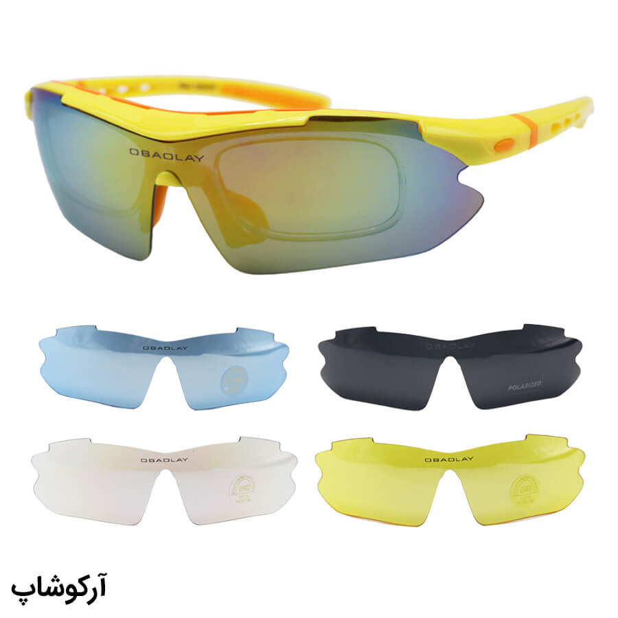 Yellow-Orange-Frame-And-Yellow-Handle-And-Uv-Protection-Lens-Four-Extra-Lens-Obaolay-Sunglasses-Model-Sp0890-Yo-1 عکس از عینک ورزشی چند کاوره obaolay با فریم زرد و نارنجی، از جنس کائوچو و تجهیزات کامل مدل sp0890