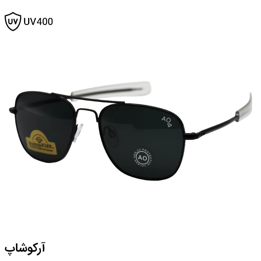 Black-Aviator-Frame-And-Black-Handle-And-Dark-Uv-Protection-Hard-Diamond-Lens-American-Optical-Sunglasses-Model-S54-Bl-1 عکس از عینک آفتابی امریکن اپتیکال با فریم مشکی رنگ، شکل خلبانی و لنز دودی تیره و جنس شیشه و سنگ مدل ao-s54