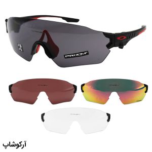 عکس از عینک ورزشی اوکلی با فریم مشکی و قرمز رنگ، 4 کاور لنز قابل تعویض و تجهیزات کامل مدل OO9328-03