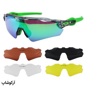 عکس از عینک ورزشی OAKLEY با فریم رنگ طوسی و سبز، 5 کاور لنز قابل تعویض و تجهیزات کامل مدل OO9275-06