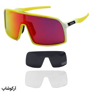 عکس از عینک ورزشی OAKLEY با فریم زرد رنگ، جنس کائوچو و 2 کاور لنز و تجهیزات کامل مدل OO9406-0637