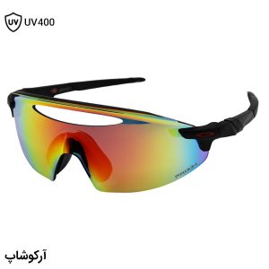 عکس از عینک ورزشی OAKLEY با فریم و دسته مشکی رنگ، لنز جیوه‌ای و چند رنگ و Prizm مدل OO9407