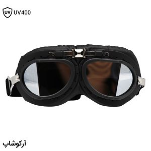 عکس از عینک آفتابی با فریم مشکی، از جنس چرمی و عدسی آینه‌ای و نقره‌ای رنگ مدل 93610