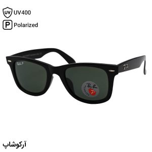 عکس از عینک آفتابی ریبن با فریم مشکی براق، شکل ویفرر، لولا دوبل، لنز سبز تیره، جنس شیشه، پلاریزه و آنتی رفلکس مدل RB2140-901