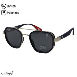 عکس از عینک آفتابی Ray-Ban و FERRARI با فریم سرمه‌ای و نوک مدادی، شکل چندضلعی و لنز دودی تیره و پلاریزه مدل P9009