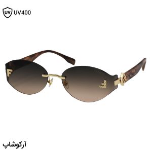 عکس از عینک آفتابی زنانه فندی با طرح فریملس، شکل بیضی، دسته قهوه‌ای رنگ و لنز قهوه‌ای هایلایت مدل 99009