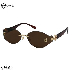 عکس از عینک آفتابی زنانه فندی با طرح فریملس، شکل بیضی، دسته قهوه‌ای رنگ و لنز قهوه‌ای هایلایت مدل 99009
