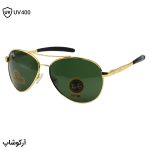 عکس از عینک آفتابی Ray-Ban با فریم خلبانی، بیس دار، طلایی رنگ، لنز سبز تیره، آنتی رفلکس و از جنس شیشه مدل RB8327