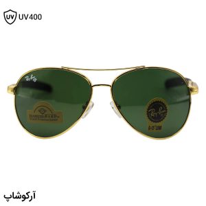 عکس از عینک آفتابی Ray-Ban با فریم خلبانی، بیس دار، طلایی رنگ، لنز سبز تیره، آنتی رفلکس و از جنس شیشه مدل RB8327