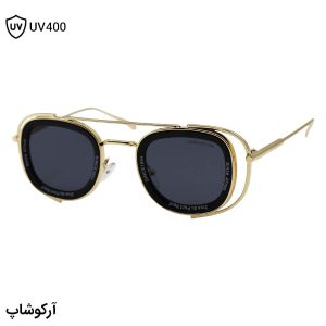 عکس از عینک آفتابی فانتزی لویی ویتون با فریم طلایی رنگ، مربعی شکل و لنز دودی تیره مدل ZS98319