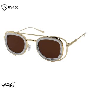 عکس از عینک آفتابی فانتزی لویی ویتون با فریم طلایی رنگ، مربعی شکل و لنز قهوه‌ای تیره مدل ZS98319