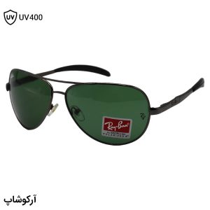 عکس از عینک آفتابی ریبن با فریم نوک مدادی، شکل خلبانی، بیس دار، لنز سبز تیره، از جنس شیشه و لولا فنردار مدل RB3329