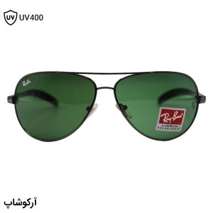 عکس از عینک آفتابی ریبن با فریم نوک مدادی، شکل خلبانی، بیس دار، لنز سبز تیره، از جنس شیشه و لولا فنردار مدل RB3329