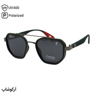 عکس از عینک آفتابی ریبن و فراری با فریم سبز و نوک مدادی، شکل چندضلعی، دسته سبز و لنز دودی تیره و پلاریزه مدل P9009