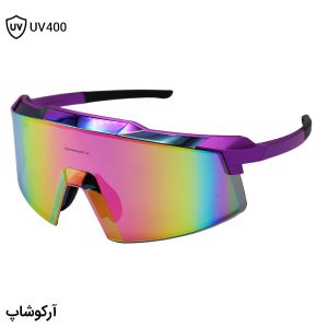 عکس از عینک ورزشی OAKLEY با فریم و دسته بنفش رنگ، عدسی آینه‌ای و چند رنگ مدل OA9917