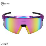 عکس از عینک ورزشی OAKLEY با فریم و دسته بنفش رنگ، عدسی آینهای و چند رنگ مدل OA9917