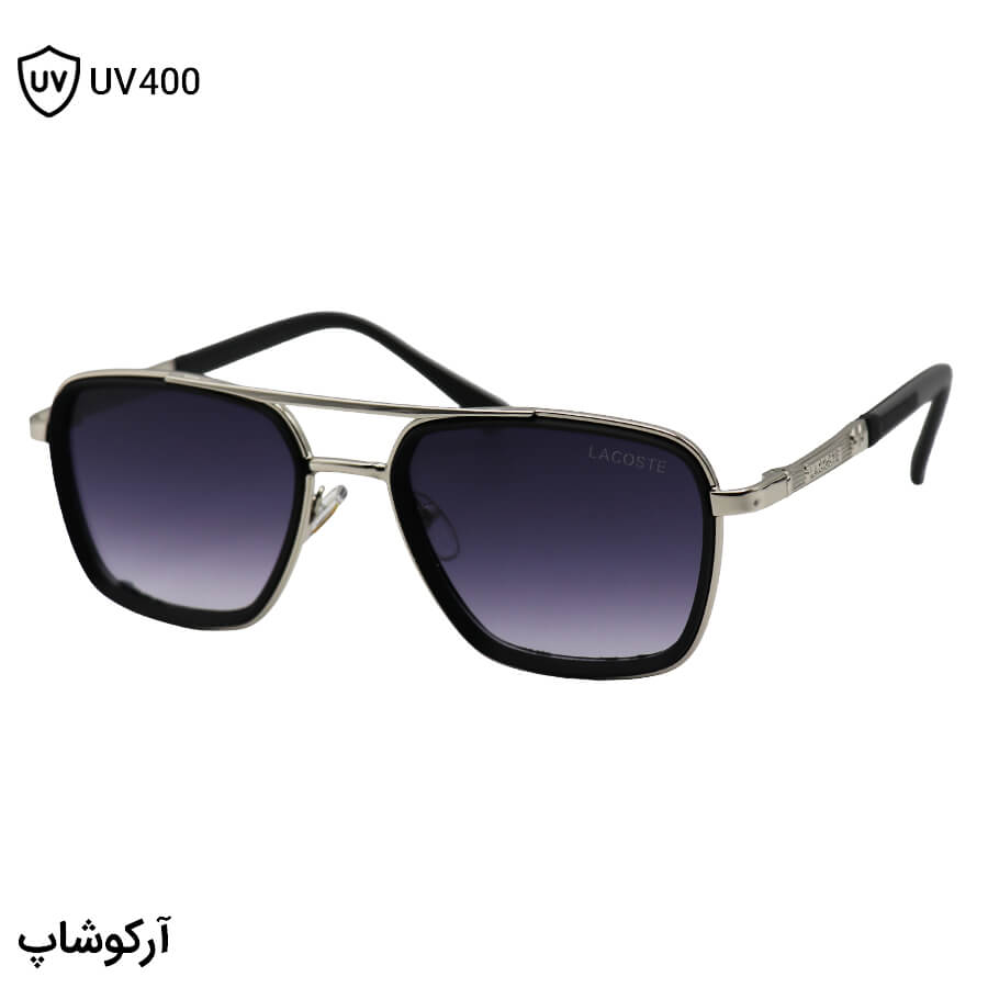 Silver-Square-Frame-And-Silver-Spring-Handle-And-Dark-Highlighted-Uv-Protection-Lens-Lacoste-Sunglasses-Model-8075-Si-1 عکس از عینک آفتابی لاگوست با فریم نقرهای رنگ، شکل مربعی، دسته فنردار و لنز دودی سایه روشن مدل 8075