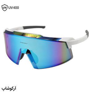 عکس از عینک ورزشی OAKLEY با فریم و دسته سفید رنگ، عدسی آینه‌ای و آبی رنگ مدل OA9917