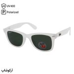 عکس از عینک آفتابی ریبن با فریم سفید مات (یخی)، شکل ویفرر، لولا دوبل، لنز سبز تیره، جنس شیشه، پلاریزه و آنتی رفلکس مدل RB2140-901