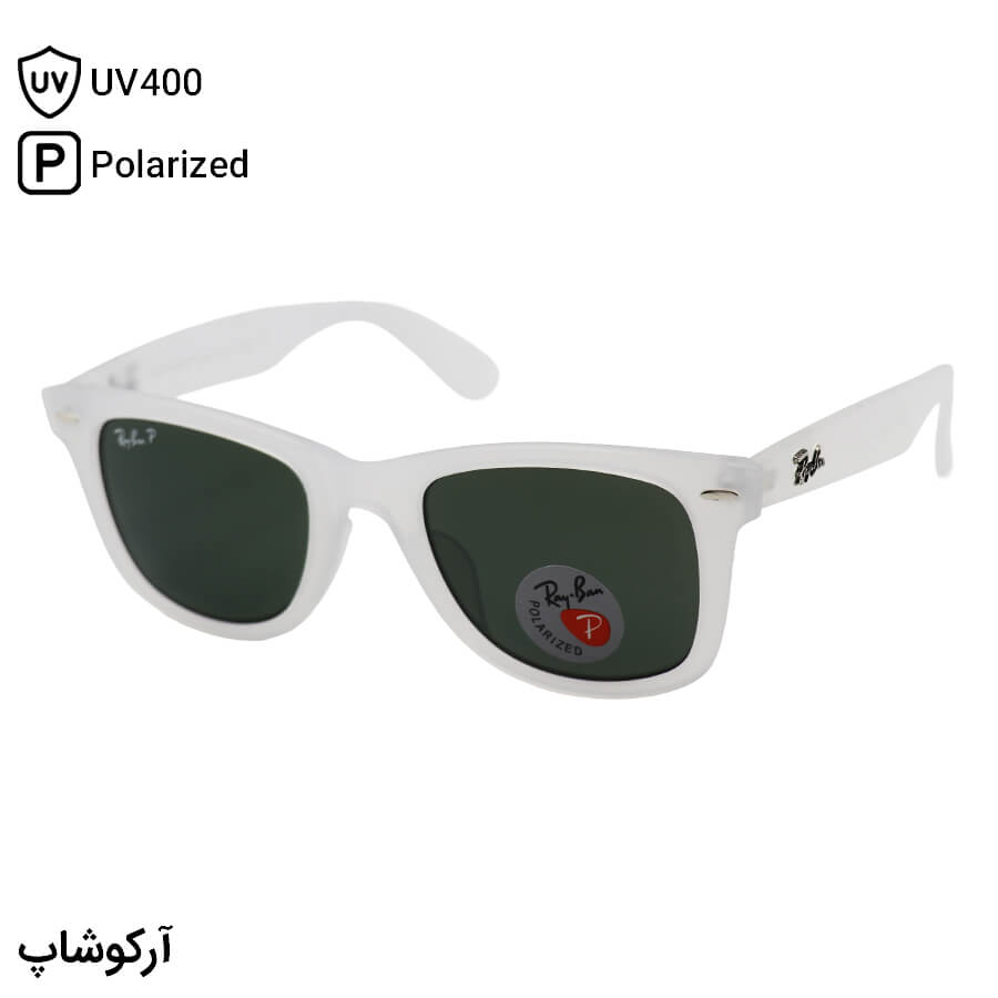 White-Wayfarer-Frame-And-White-Handle-And-Green-Polarized-Anti-Reflective-Hard-Diamond-Lens-Ray-Ban-Sunglasses-Model-Rb2140-901-Py-1 عکس از عینک آفتابی ریبن با فریم سفید مات (یخی)، شکل ویفرر، لولا دوبل، لنز سبز تیره، جنس شیشه، پلاریزه و آنتی رفلکس مدل rb2140-901