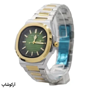 عکس از ساعت مردانه patek philippe دو رنگ نقره‌ای و طلایی، صفحه سبز گرادیانتی با خطوط افقی، بند استیل، قاب هشت‌ضلعی و قفل پروانه‌ای مدل 82579