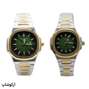 عکس از ساعت ست زنانه و مردانه patek philippe دو رنگ نقره‌ای و طلایی، صفحه سبز گرادیانتی با خطوط افقی، بند استیل، قاب هشت‌ضلعی و قفل پروانه‌ای مدل 82579