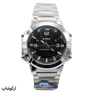 عکس از ساعت مردانه کاسیو نقره‌ای، صفحه مشکی با طرح لبخند، نمایشگر آنالوگ و دیجیتال، بند استیل نقره‌ای، قاب گرد، موتور کوارتز مدل 5574 amw-880