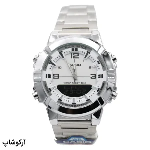 عکس از ساعت مردانه casio نقره‌ای، صفحه سفید با طرح لبخند، نمایشگر آنالوگ و دیجیتال، بند استیل نقره‌ای، قاب گرد، موتور کوارتز مدل 5574 amw-880